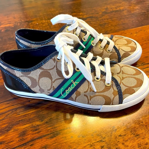 Coach Folly Sneakers Brown with green and blue stripe Size 7.5 - Picture 2 of 11
